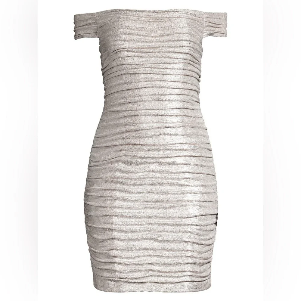 Aidan by Aidan Mattox Off The Shoulder Mini Foiled Cocktail Dress Champagne - Picture 2 of 9